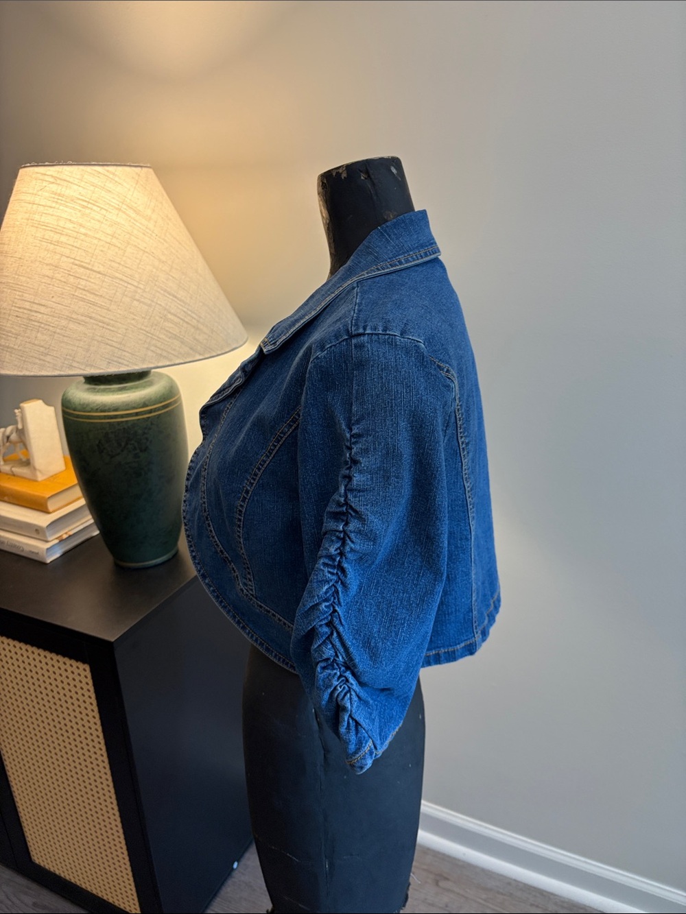 Last Kiss Y2K Indie Cropped OpenFront Denim Jacket XL Ruched Sleeves Alternative - Picture 4 of 15